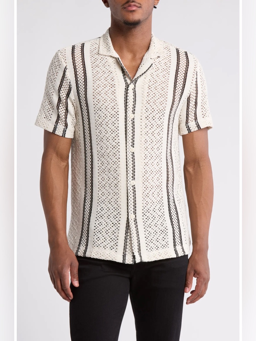 Cactus Man Ricky Singh Beige Knit Button-Down Shirt with Black Stripes